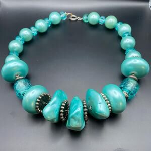 Vtg Blue Pearlized Lucite Necklace Nugget Bead Faux Turquoise Chunky Bold 18"